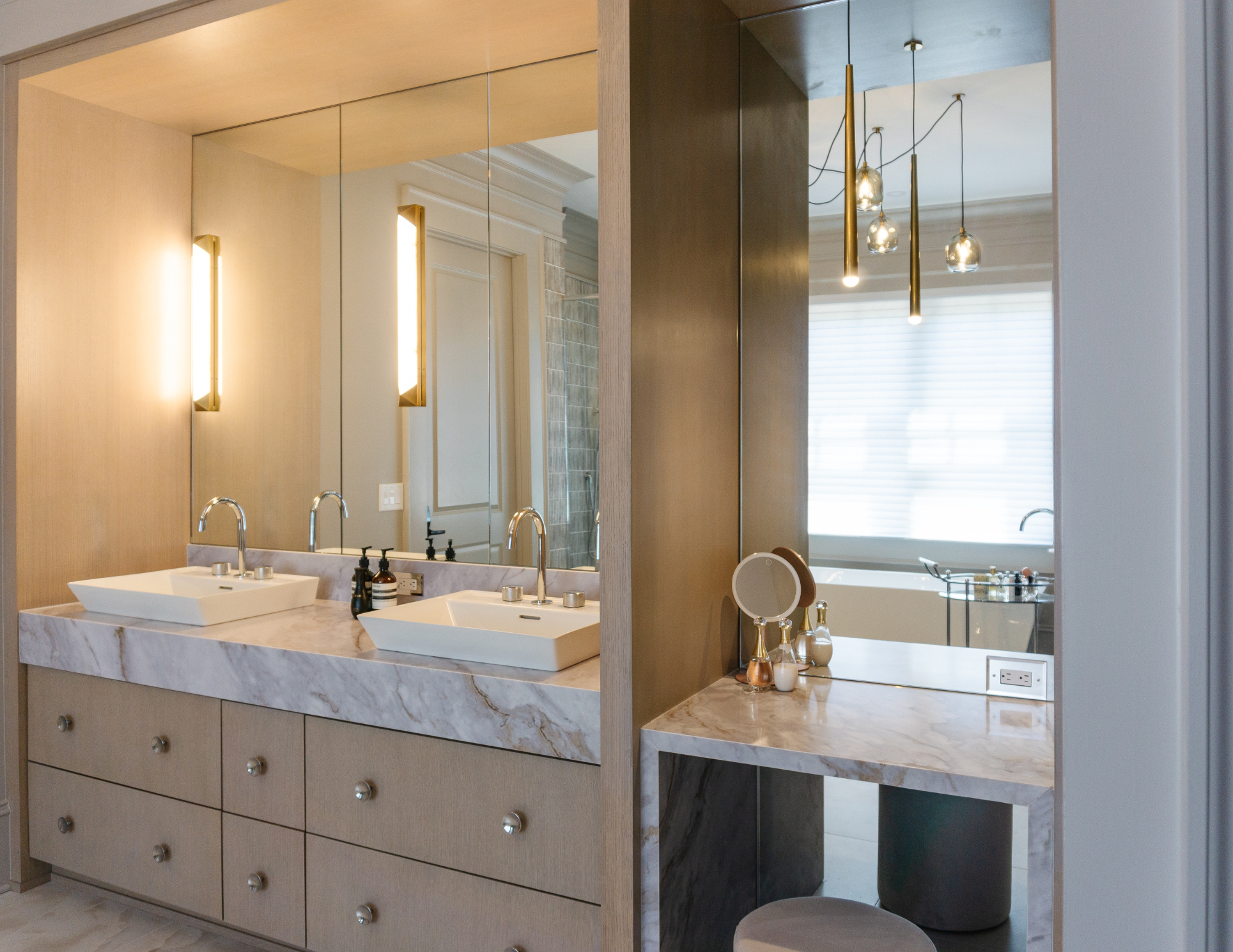 Custom primary bathroom renovation in Suwanee, GA. Custom vanity, quartz countertop.